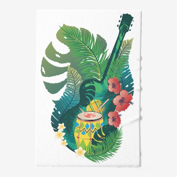 Полотенце «Ретро акустическая гитара с барабаном и тропическими листьями»