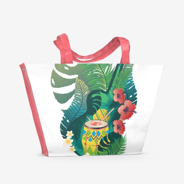 Пляжная сумка «Ретро акустическая гитара с барабаном и тропическими листьями»