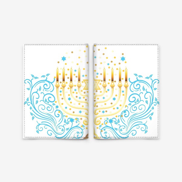 Обложка для паспорта «Золотая менора с синим цветочным узором»