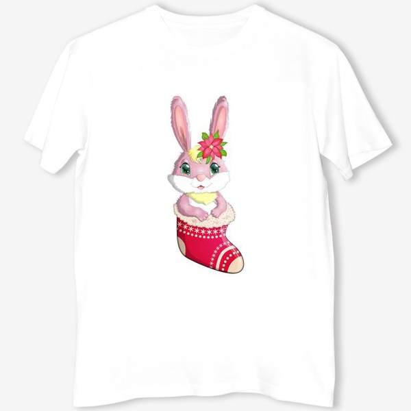Футболка «Кролик розовый девочка в рождественском сапожке. Символ 2023 Нового года»