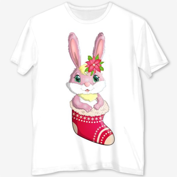 Футболка с полной запечаткой «Кролик розовый девочка в рождественском сапожке. Символ 2023 Нового года»