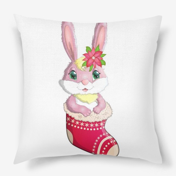 Подушка «Кролик розовый девочка в рождественском сапожке. Символ 2023 Нового года»