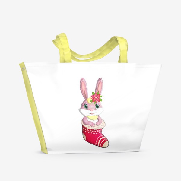 Пляжная сумка «Кролик розовый девочка в рождественском сапожке. Символ 2023 Нового года»