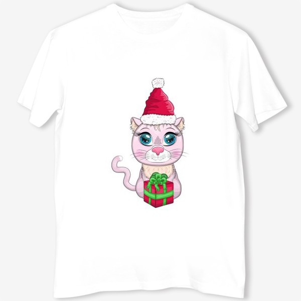 Футболка «Символ 2023 Нового года, кот в шапке Деда Мороза с подарком»