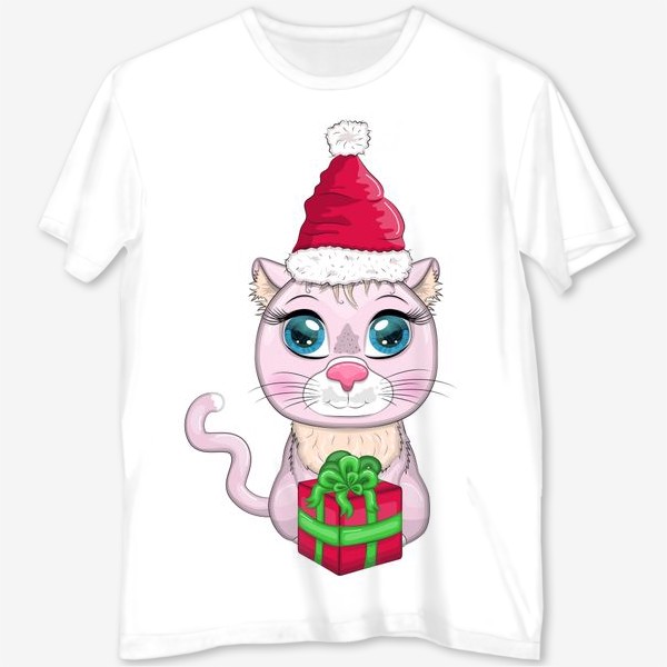 Футболка с полной запечаткой &laquo;Символ 2023 Нового года, кот в шапке Деда Мороза с подарком&raquo;