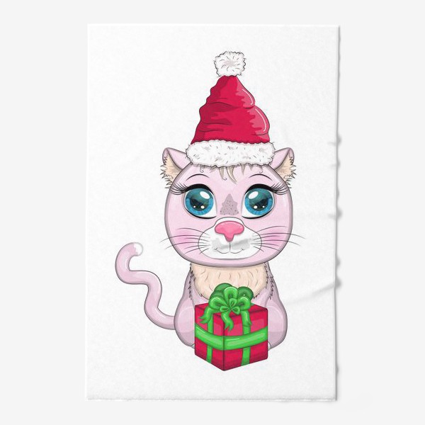 Полотенце «Символ 2023 Нового года, кот в шапке Деда Мороза с подарком»