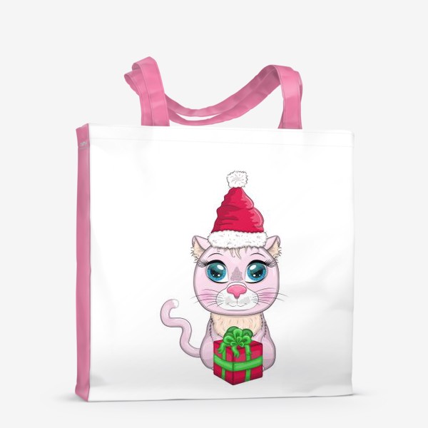 Сумка-шоппер «Символ 2023 Нового года, кот в шапке Деда Мороза с подарком»