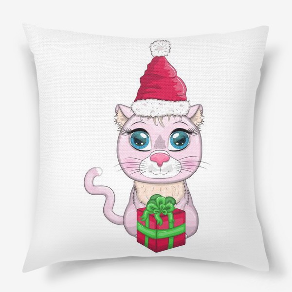 Подушка «Символ 2023 Нового года, кот в шапке Деда Мороза с подарком»