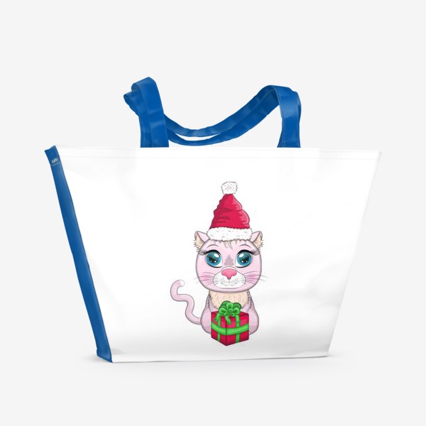 Пляжная сумка «Символ 2023 Нового года, кот в шапке Деда Мороза с подарком»
