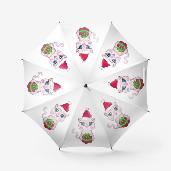 Зонт «Символ 2023 Нового года, кот в шапке Деда Мороза с подарком»