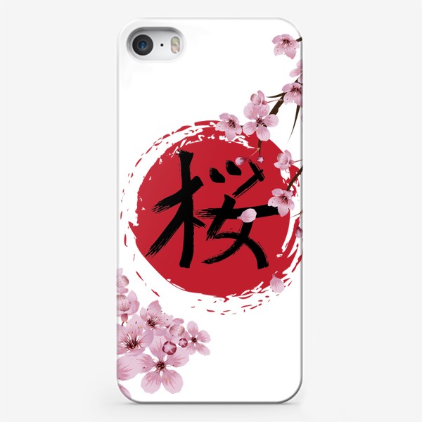 Чехол iPhone «Цветущая сакура и красный круг с японским иероглифом Cакура »