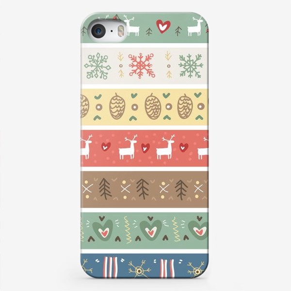 Чехол iPhone &laquo;Рождественский орнамент с оленями, шишками, елками и сердечками.&raquo;