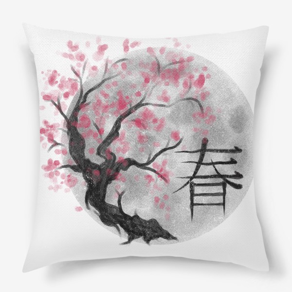 Подушка «Японская сакура - Пейзаж с иероглифом»