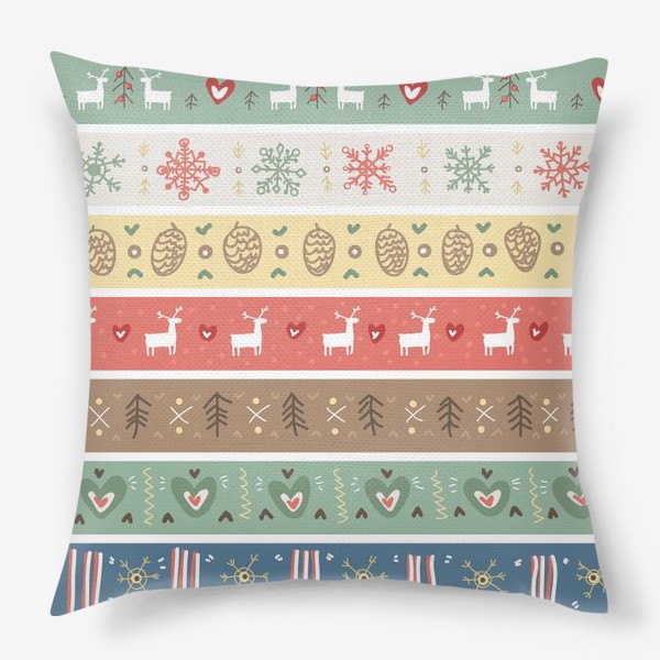 Подушка «Рождественский орнамент с оленями, шишками, елками и сердечками.»