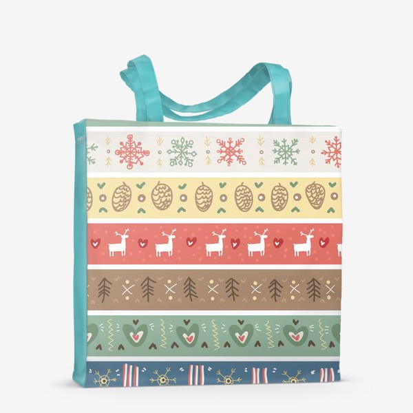 Сумка-шоппер &laquo;Рождественский орнамент с оленями, шишками, елками и сердечками.&raquo;