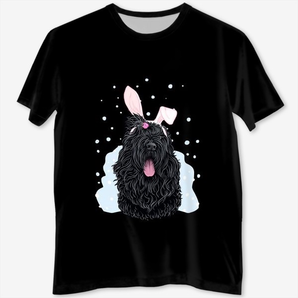 Футболка с полной запечаткой «Русский черный терьер (черныш) с милыми ушками и снегом на черном (кролик, год кролика, символ года)»