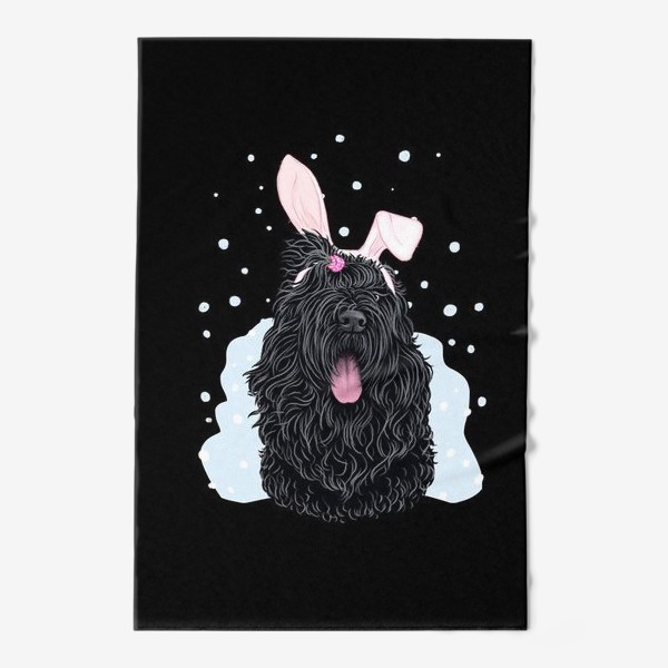 Полотенце «Русский черный терьер (черныш) с милыми ушками и снегом на черном (кролик, год кролика, символ года)»