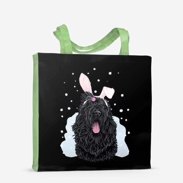Сумка-шоппер «Русский черный терьер (черныш) с милыми ушками и снегом на черном (кролик, год кролика, символ года)»