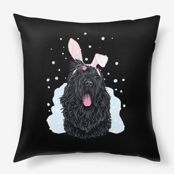 Подушка «Русский черный терьер (черныш) с милыми ушками и снегом на черном (кролик, год кролика, символ года)»