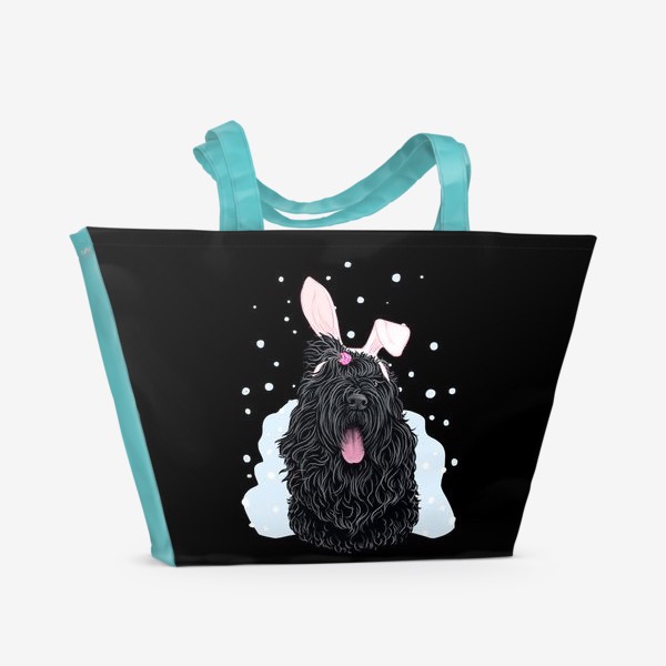 Пляжная сумка «Русский черный терьер (черныш) с милыми ушками и снегом на черном (кролик, год кролика, символ года)»