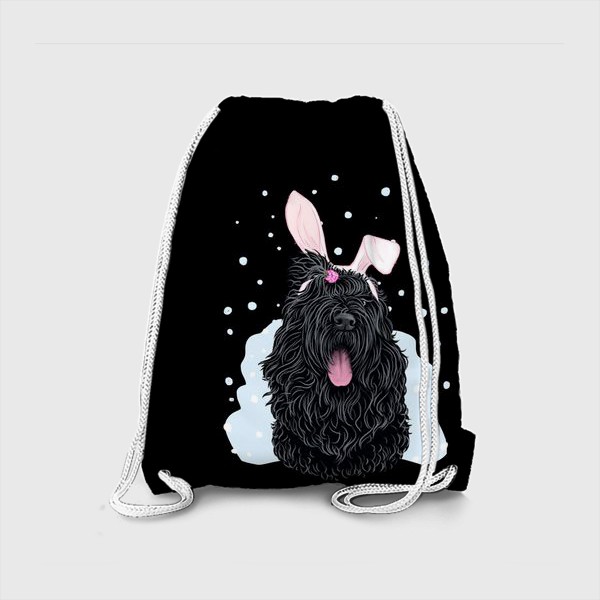 Рюкзак «Русский черный терьер (черныш) с милыми ушками и снегом на черном (кролик, год кролика, символ года)»