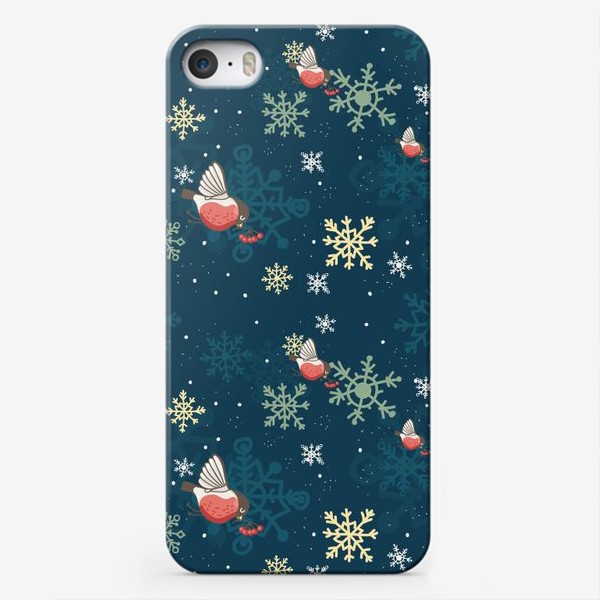 Чехол iPhone «Рождественский узор со снежинками и птичками»