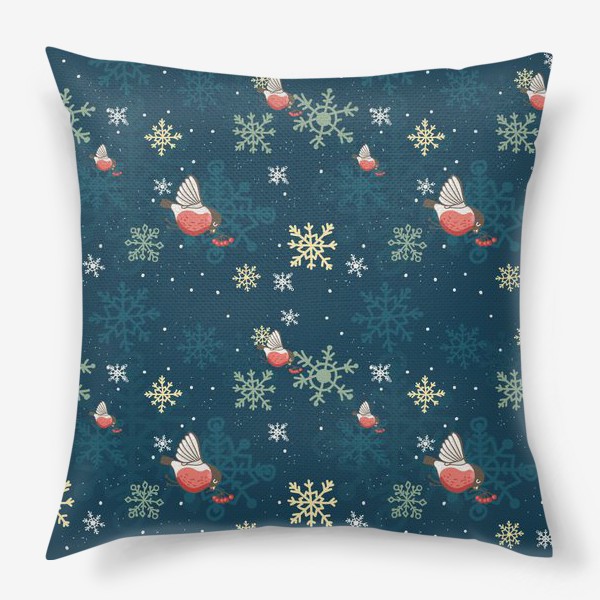 Подушка «Рождественский узор со снежинками и птичками»