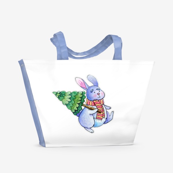 Пляжная сумка «Милый кролик в шарфике несёт домой ёлку»