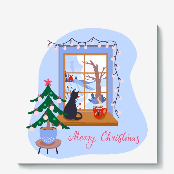 Холст «Merry Christmas. Рождественская иллюстрация с елочкой и леттерингом»