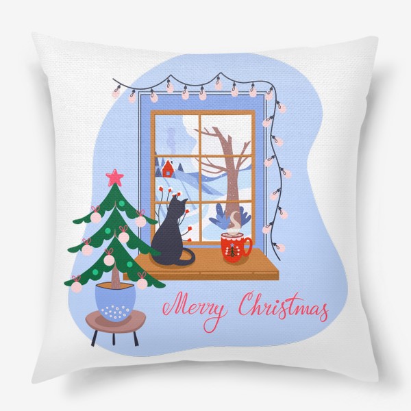 Подушка «Merry Christmas. Рождественская иллюстрация с елочкой и леттерингом»
