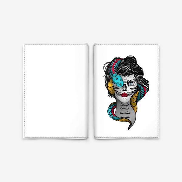 Обложка для паспорта «Винтажная татуировка с черепом девушки и ядовитой змеей»