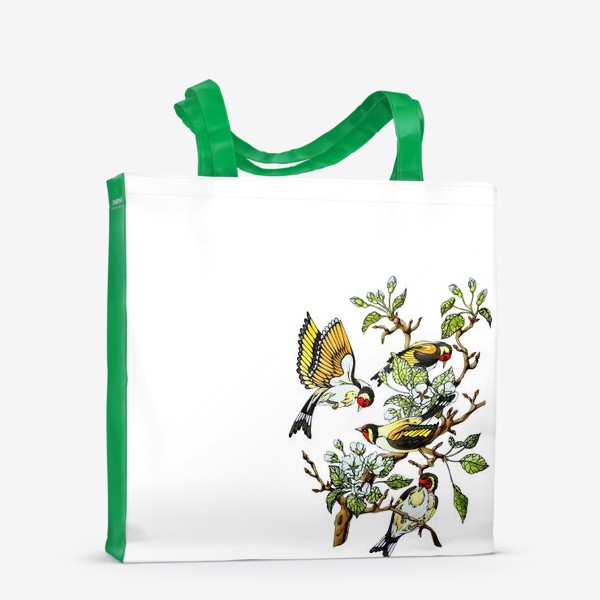 Сумка-шоппер «Весенние птицы на ветках яблони. Дерево с белыми цветами»