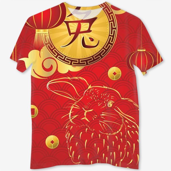 Футболка с полной запечаткой &laquo;Китайский иероглиф и золотой кролик на красном&raquo;