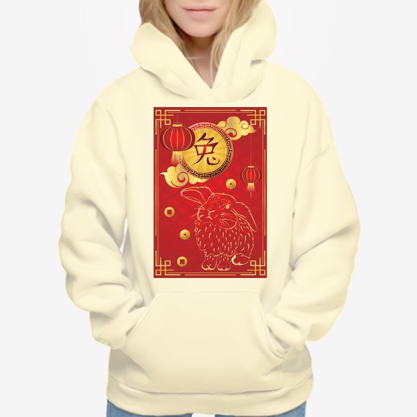 Худи «Китайский иероглиф и золотой кролик на красном»