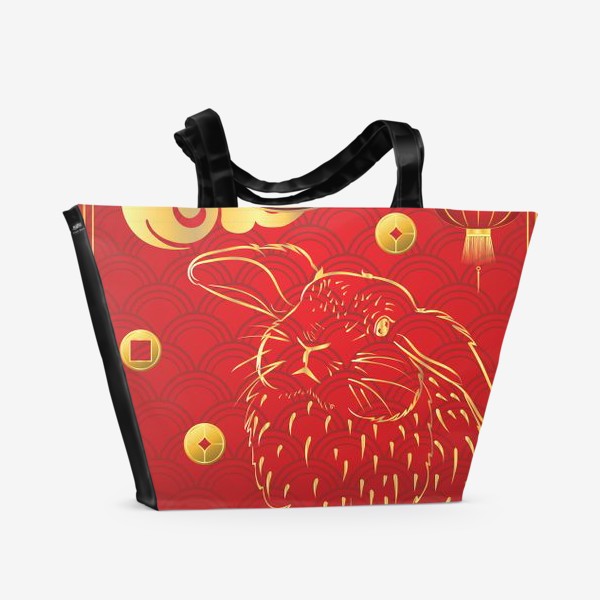 Пляжная сумка «Китайский иероглиф и золотой кролик на красном»