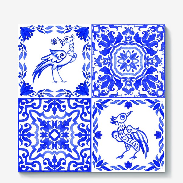 Холст &laquo;Азулежу, синяя португальская плитка с птицами&raquo;