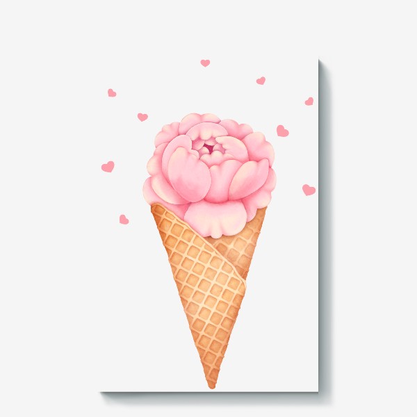Холст «Мороженое с цветком пиона и сердечками»