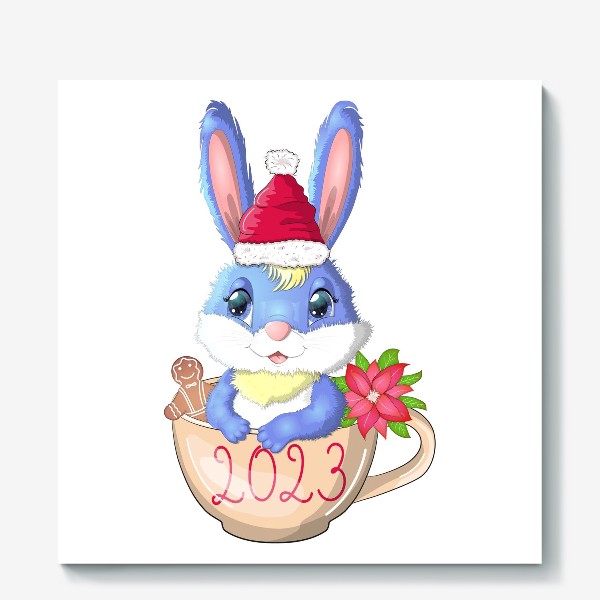 Холст &laquo;Кролик в чашке с надписью 2023, печеньем и рождественским цветком,символ 2023 Нового года&raquo;