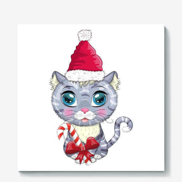 Холст «Символ 2023 Нового года, котик в шапке Деда Мороза с конфетой»
