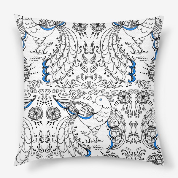 Подушка «Сказочные птицы с синим оперением паттерн»