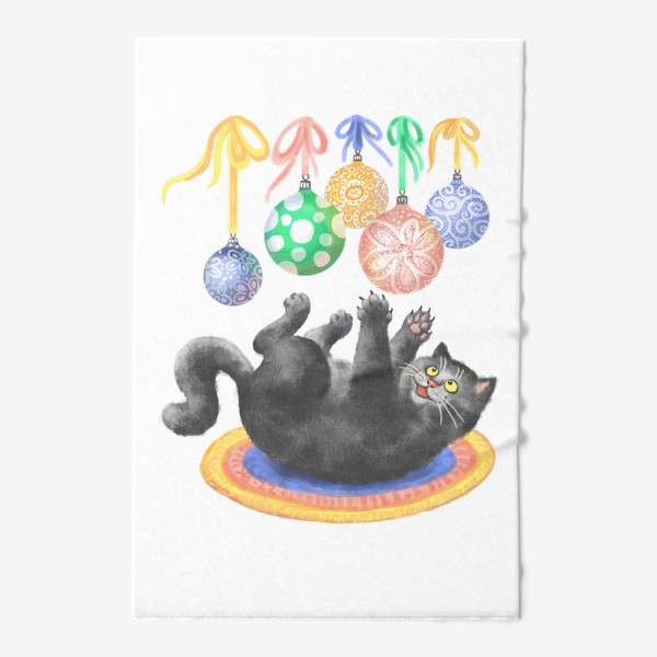 Полотенце «Котик играет с елочными шариками»
