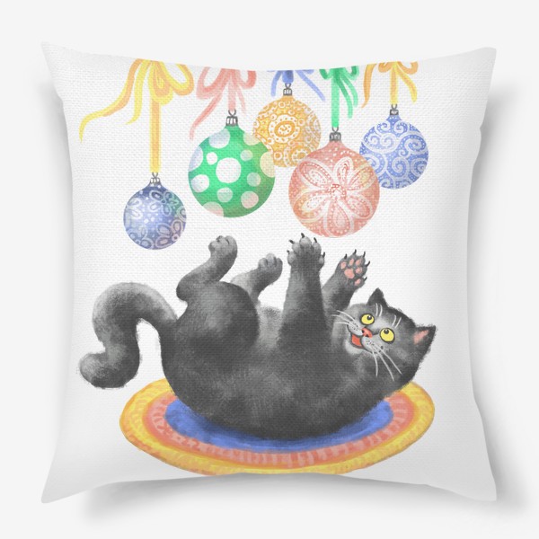Подушка «Котик играет с елочными шариками»
