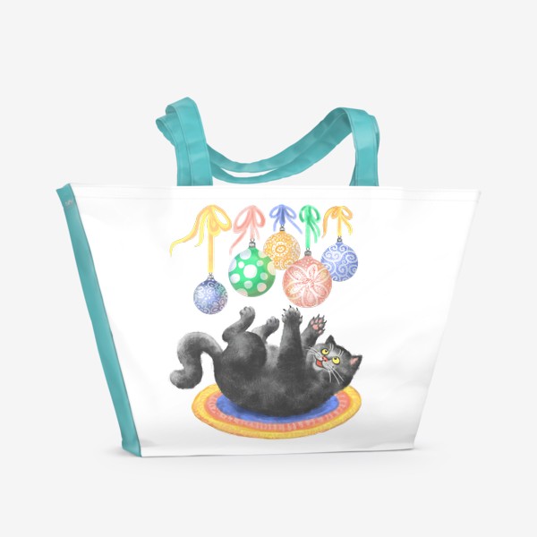 Пляжная сумка «Котик играет с елочными шариками»