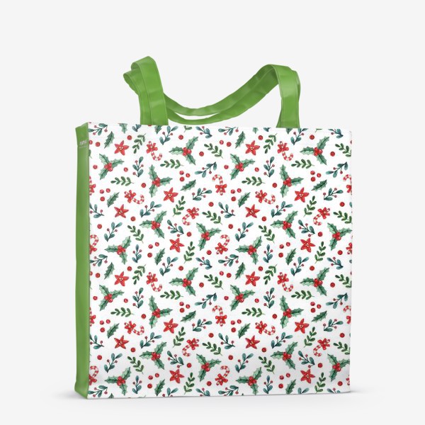 Сумка-шоппер «Новогодний акварельный принт с веточками омелы, леденцами, цветами и ягодами»