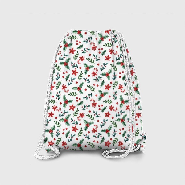 Рюкзак «Новогодний акварельный принт с веточками омелы, леденцами, цветами и ягодами»