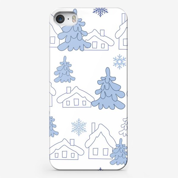 Чехол iPhone «Зимний пейзаж.Бесшовный принт с зимними домиками и елками.»