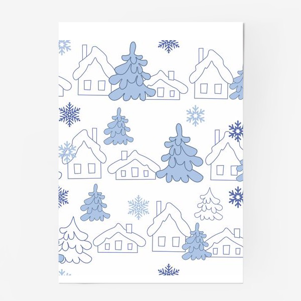 Постер «Зимний пейзаж.Бесшовный принт с зимними домиками и елками.»
