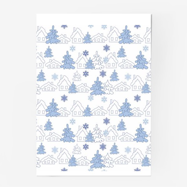Постер «Зимний пейзаж.Зима.Бесшовный принт с зимними домиками и елками.»
