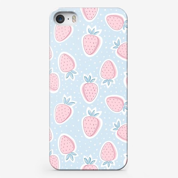 Чехол iPhone «Розовая клубника на голубом фоне»