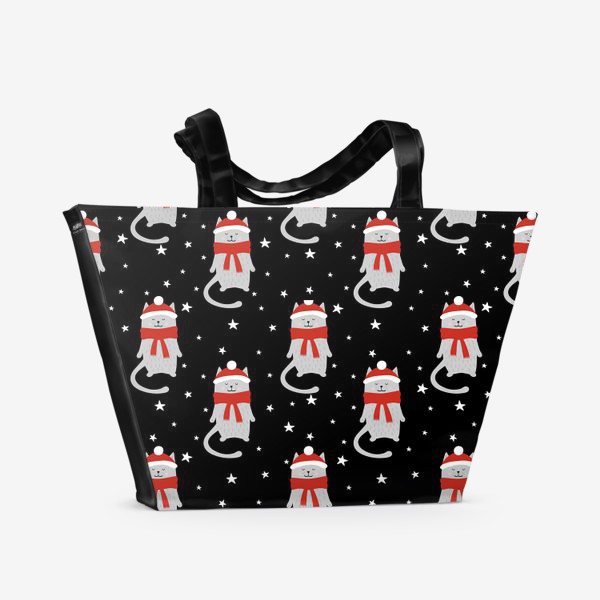 Пляжная сумка «Коты новогодние со звездами»